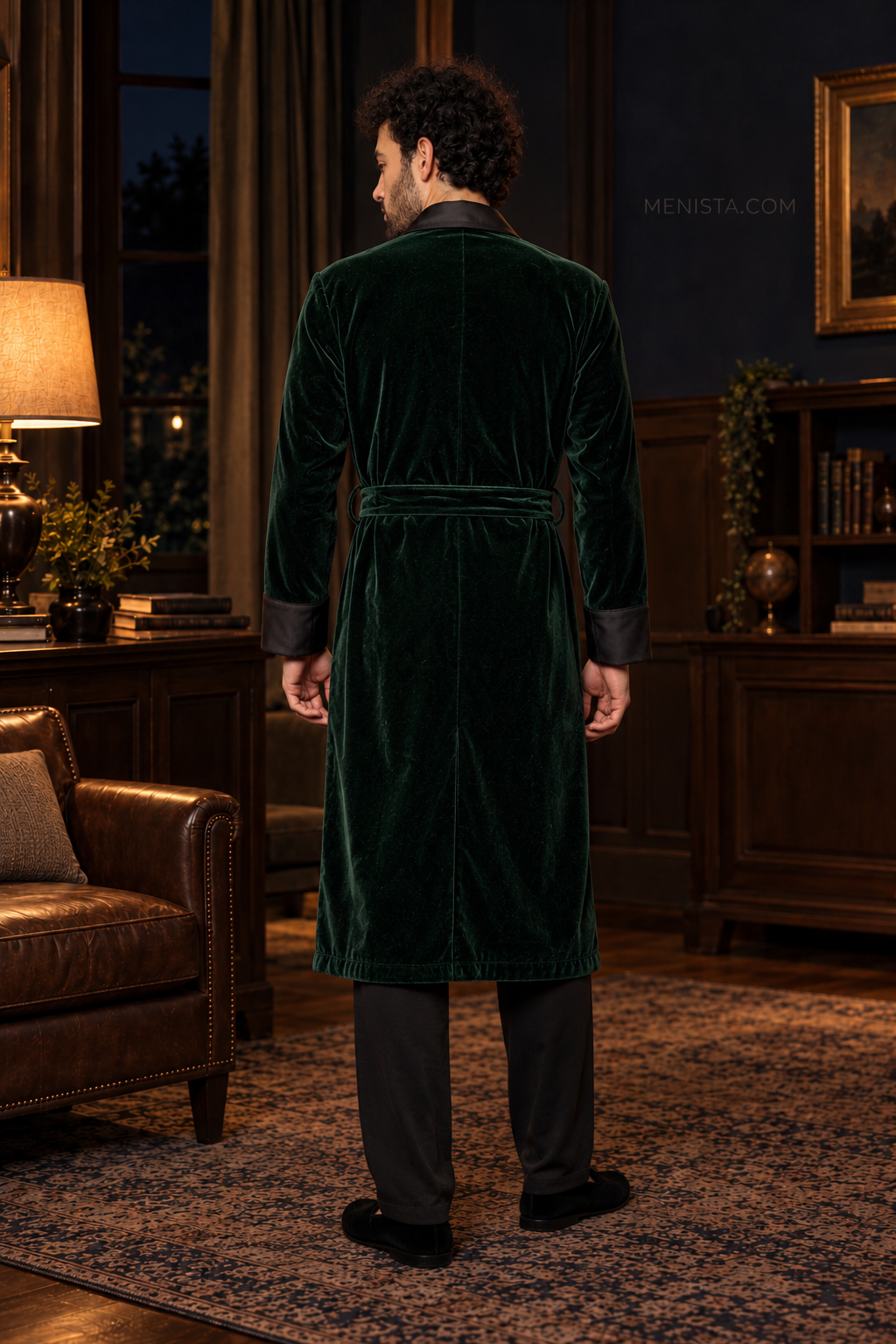 Alden Dark Green Velvet Plain Satin Shawl Smoking Robe — full back with matching velvet belt and long hem