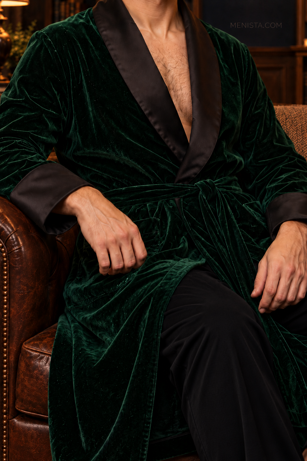 Alden Dark Green Velvet Plain Satin Shawl Smoking Robe — close-up of velvet, shawl collar, cuffs and tie belt