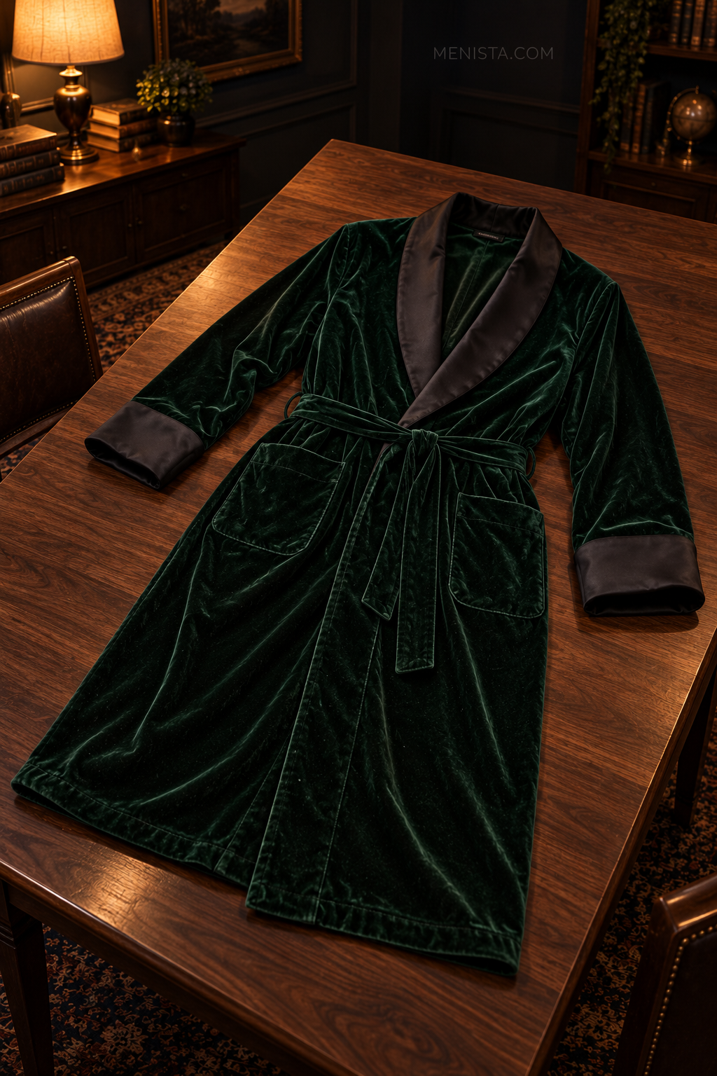 Alden Dark Green Velvet Plain Satin Shawl Smoking Robe — complete robe arranged on a flat table, showing collar, pockets and matching belt