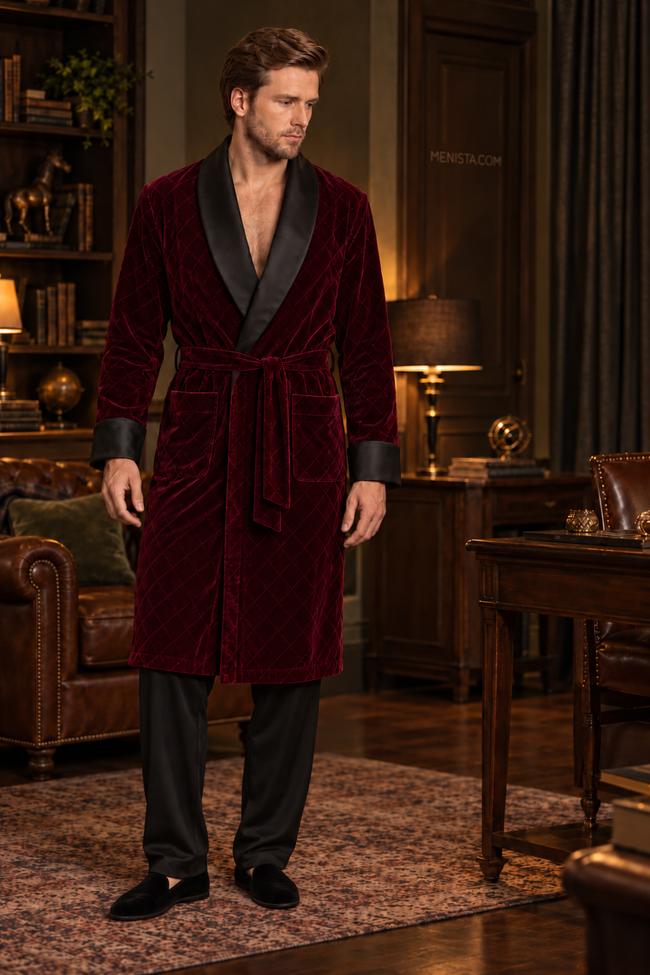 Seymour Dark Maroon Velvet Tonal Geometric Smoking Robe — full front, below-knee wrap silhouette and matching velvet belt