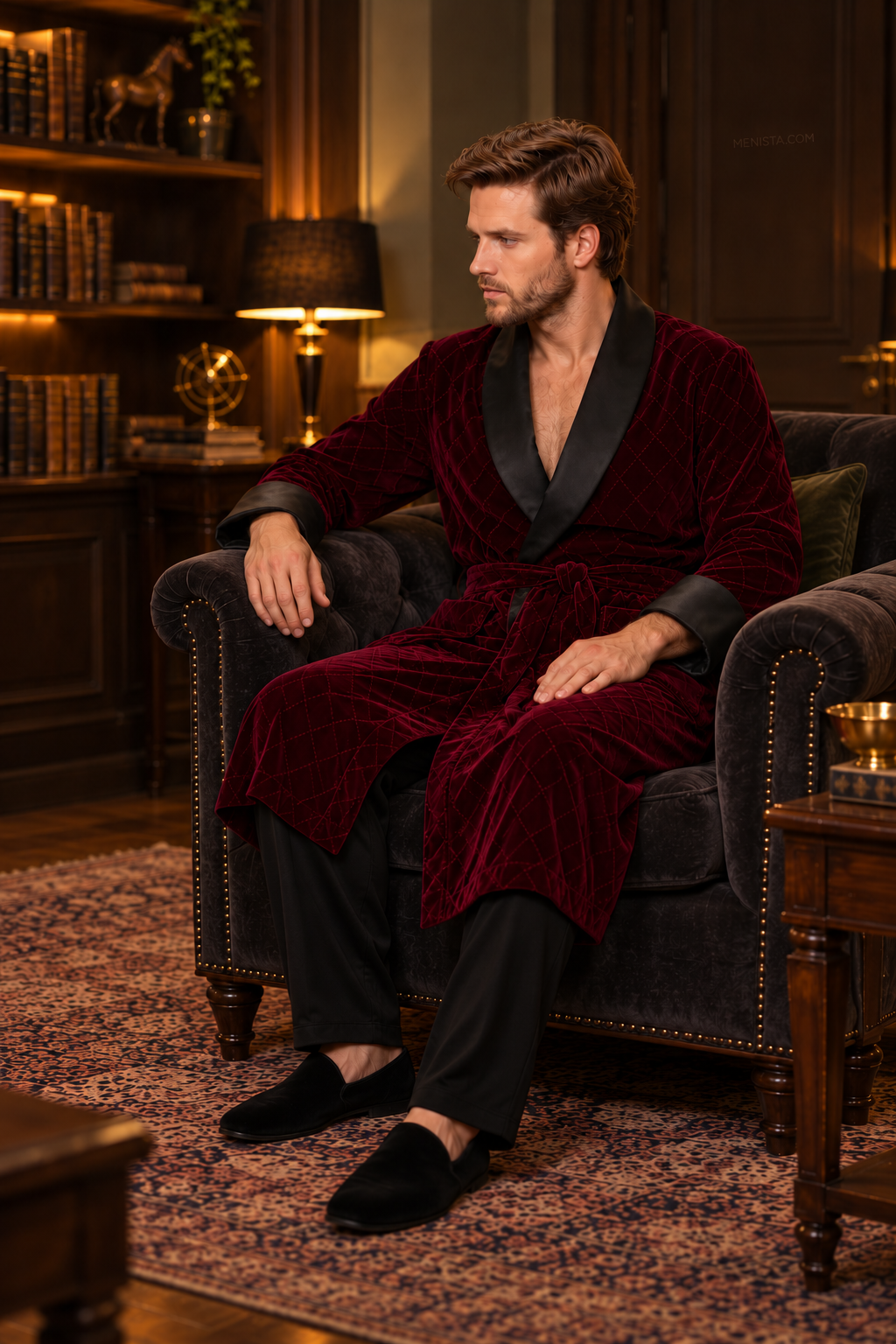 Seymour Dark Maroon Velvet Tonal Geometric Smoking Robe — side view of the relaxed drape and full sleeves