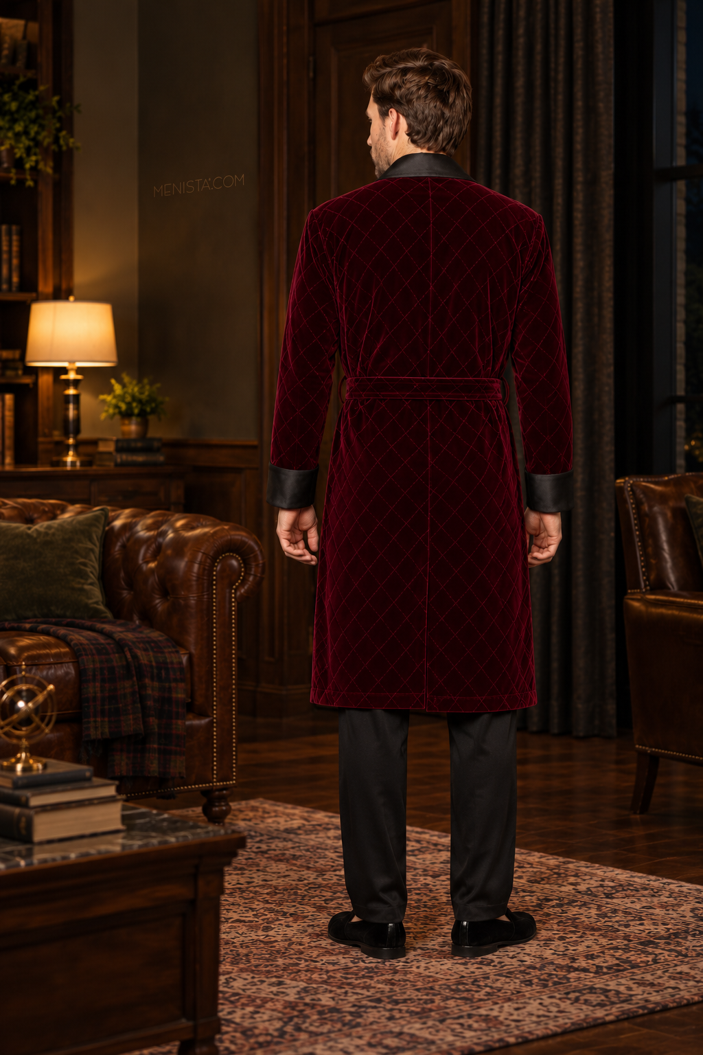 Seymour Dark Maroon Velvet Tonal Geometric Smoking Robe — full back with matching velvet belt and long hem