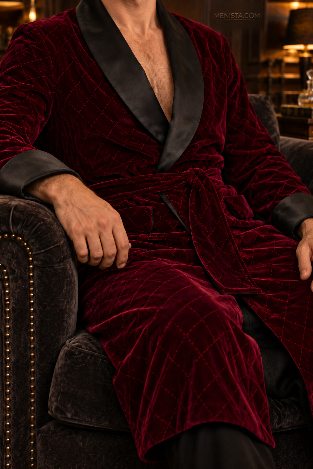 Seymour Dark Maroon Velvet Tonal Geometric Smoking Robe — close-up of velvet, shawl collar, cuffs and tie belt