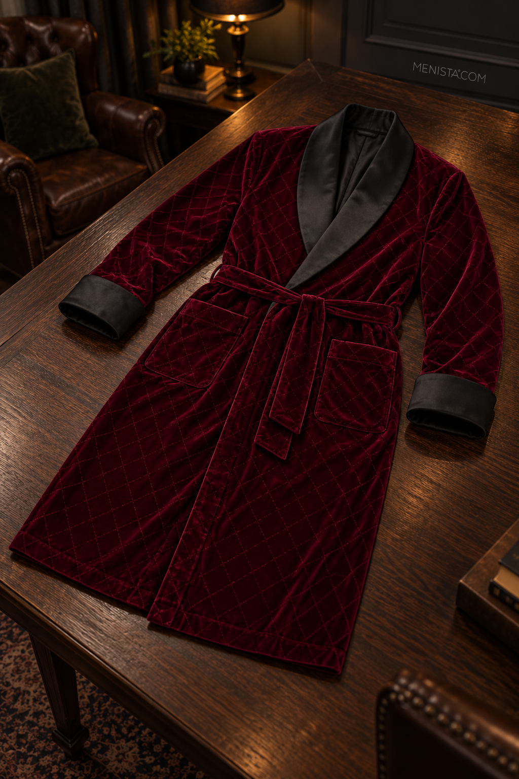Seymour Dark Maroon Velvet Tonal Geometric Smoking Robe — complete robe arranged on a flat table, showing collar, pockets and matching belt