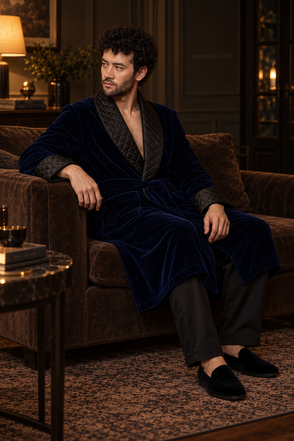 Elmsworth Dark Blue Velvet Quilted Shawl Smoking Robe — side view of the relaxed drape and full sleeves