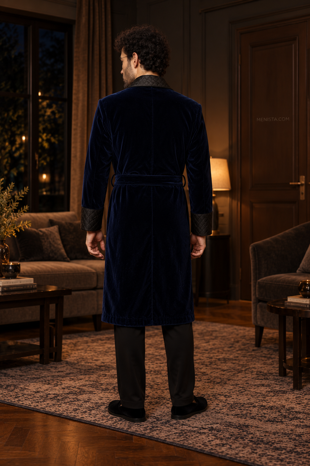 Elmsworth Dark Blue Velvet Quilted Shawl Smoking Robe — full back with matching velvet belt and long hem