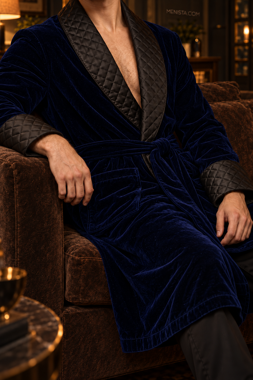 Elmsworth Dark Blue Velvet Quilted Shawl Smoking Robe — close-up of velvet, shawl collar, cuffs and tie belt