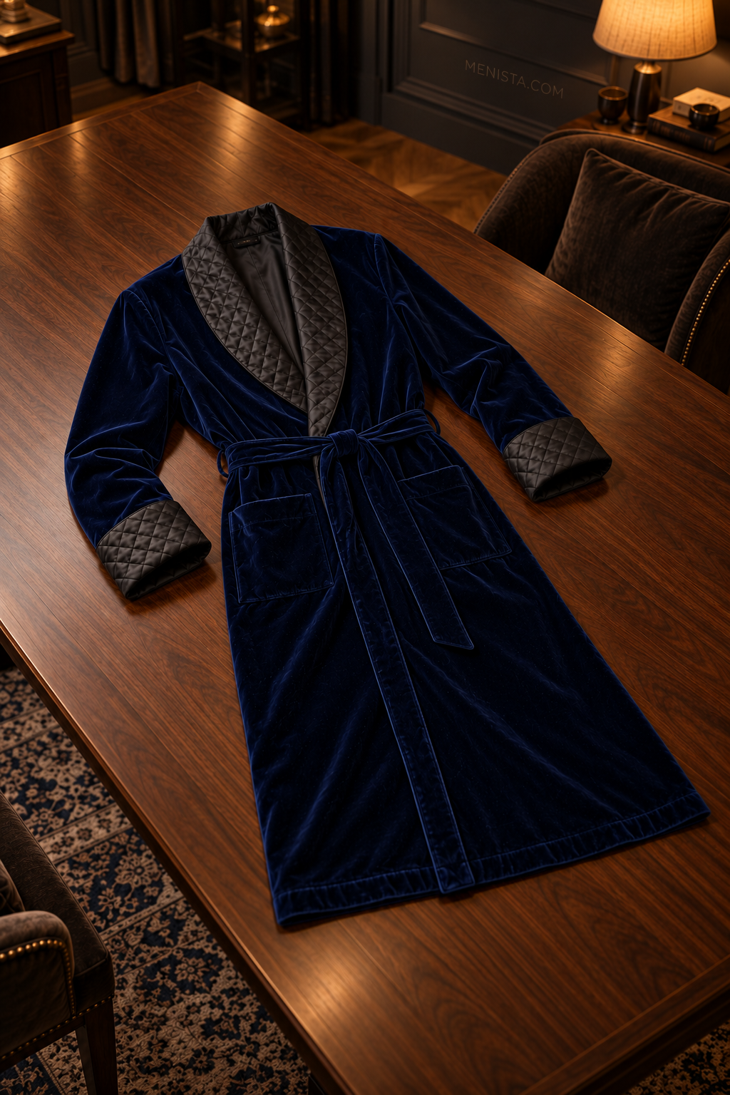 Elmsworth Dark Blue Velvet Quilted Shawl Smoking Robe — complete robe arranged on a flat table, showing collar, pockets and matching belt