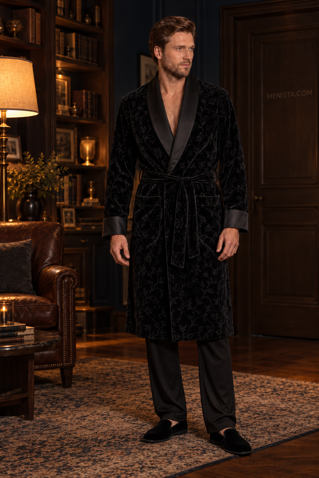 Varenne Black Velvet Tonal Botanical Smoking Robe — full front, below-knee wrap silhouette and matching velvet belt