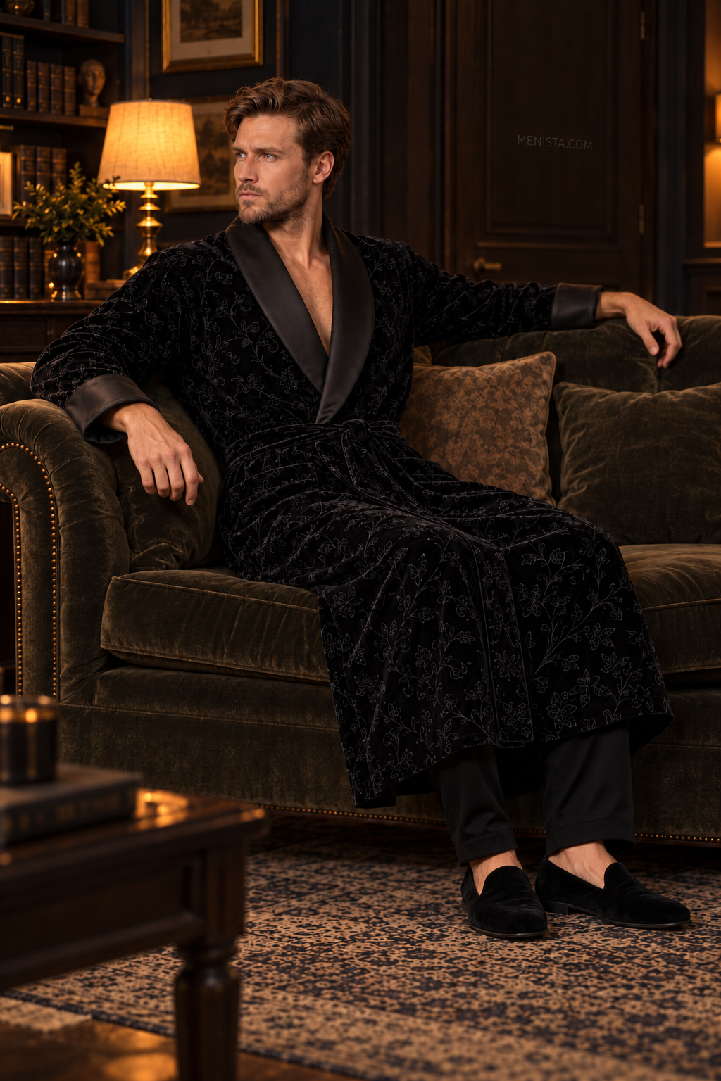 Varenne Black Velvet Tonal Botanical Smoking Robe — side view of the relaxed drape and full sleeves
