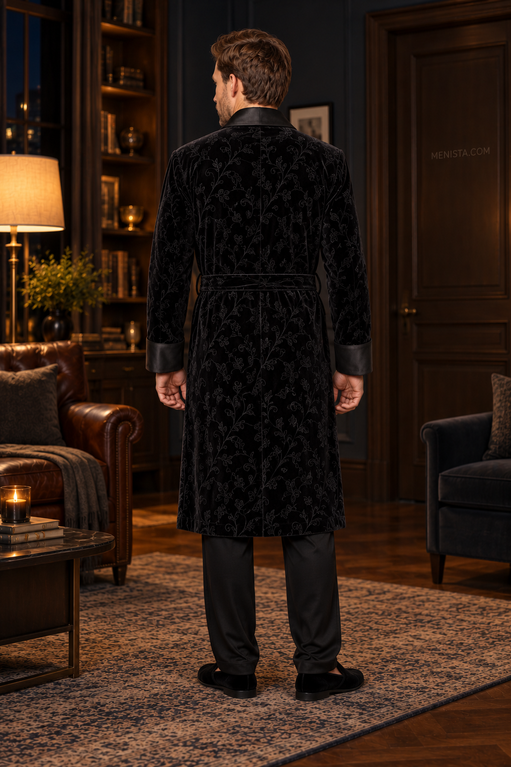 Varenne Black Velvet Tonal Botanical Smoking Robe — full back with matching velvet belt and long hem