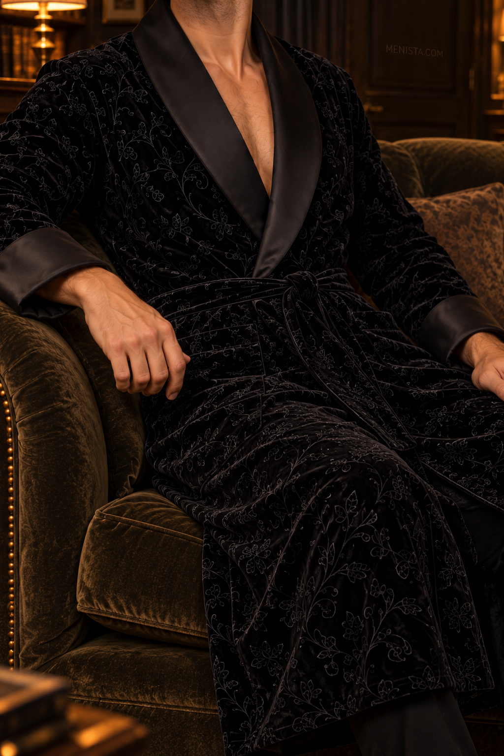 Varenne Black Velvet Tonal Botanical Smoking Robe — close-up of velvet, shawl collar, cuffs and tie belt