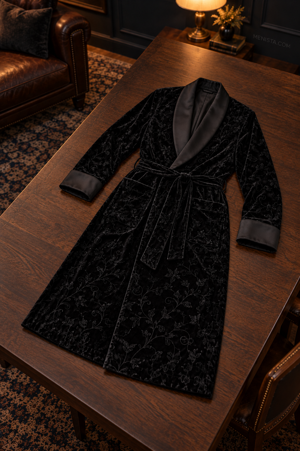 Varenne Black Velvet Tonal Botanical Smoking Robe — complete robe arranged on a flat table, showing collar, pockets and matching belt