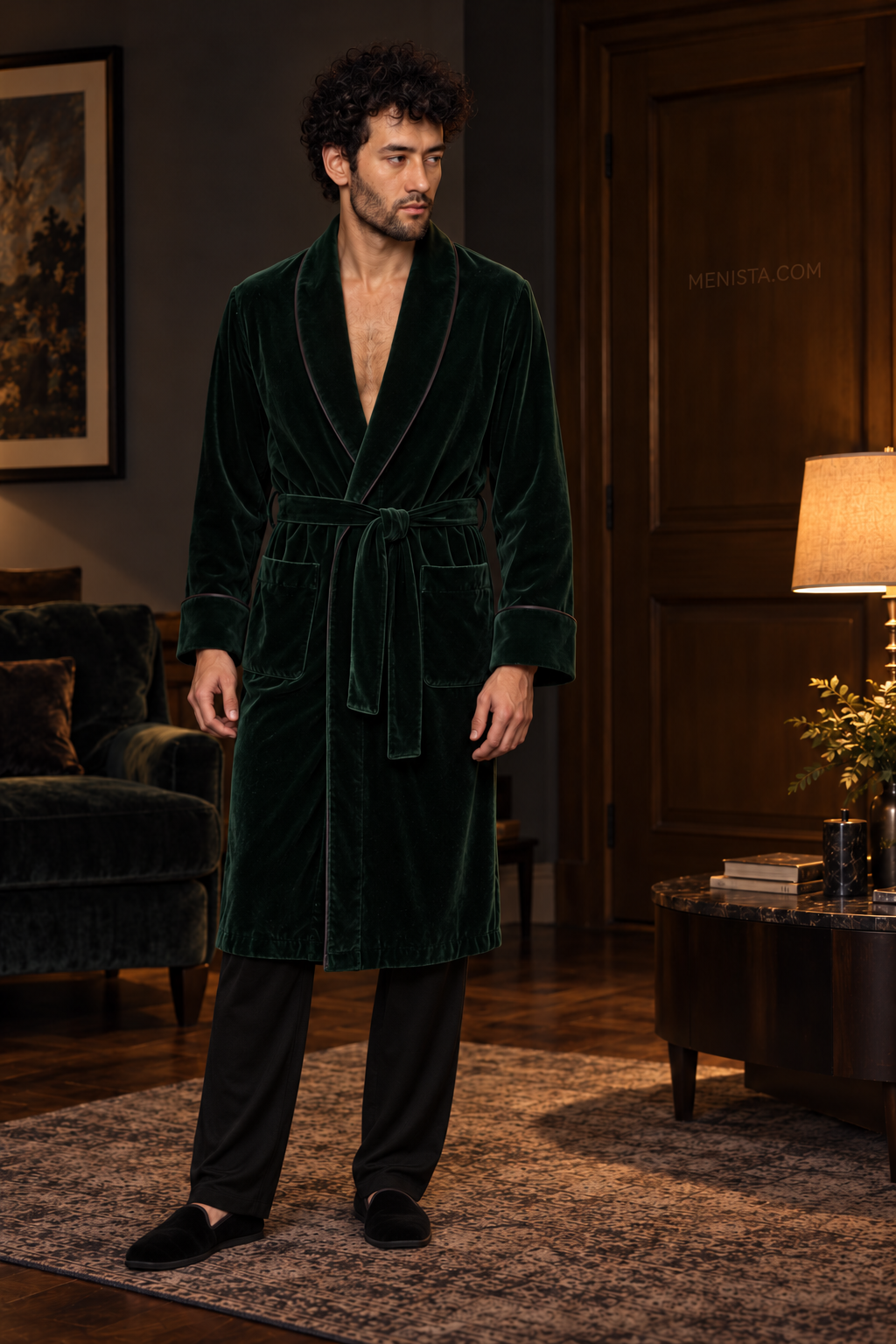 Delmont Dark Green Velvet Piped Velvet Shawl Smoking Robe — full front, below-knee wrap silhouette and matching velvet belt