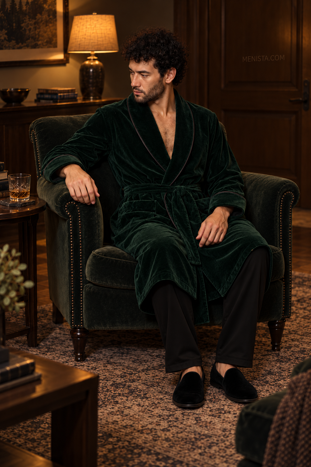 Delmont Dark Green Velvet Piped Velvet Shawl Smoking Robe — side view of the relaxed drape and full sleeves