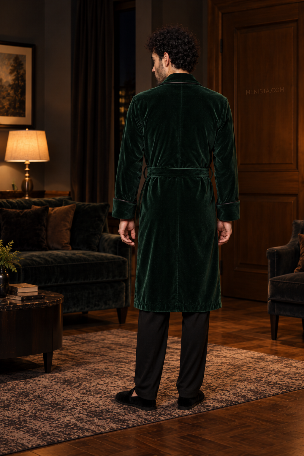 Delmont Dark Green Velvet Piped Velvet Shawl Smoking Robe — full back with matching velvet belt and long hem