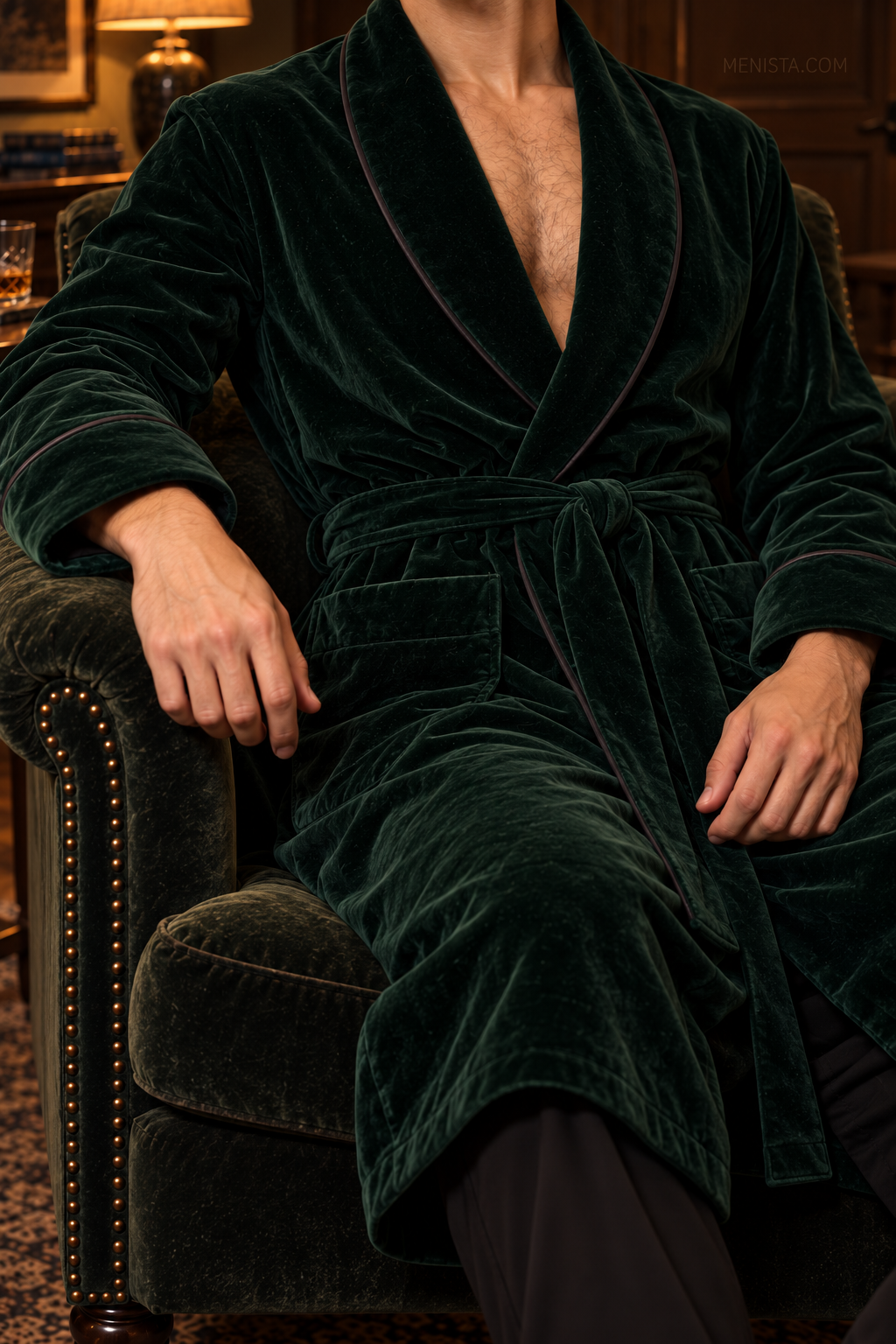 Delmont Dark Green Velvet Piped Velvet Shawl Smoking Robe — close-up of velvet, shawl collar, cuffs and tie belt