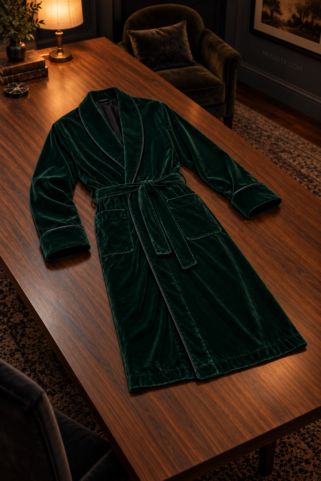 Delmont Dark Green Velvet Piped Velvet Shawl Smoking Robe — complete robe arranged on a flat table, showing collar, pockets and matching belt
