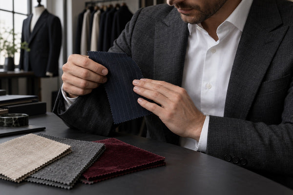 A customer examining a tailoring fabric swatch