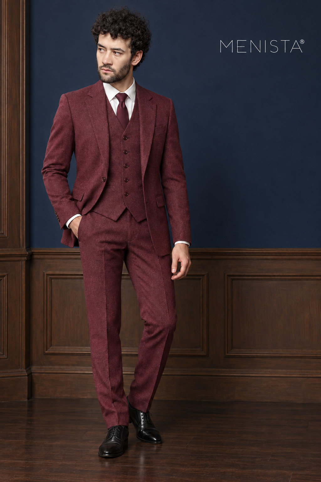 Bramwell Burgundy Flannel 100% Wool 3PC Suit: full-body front view.