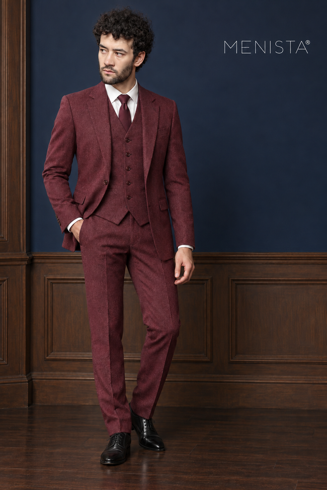 Bramwell Burgundy Flannel 100% Wool 3PC Suit: full-body front view.
