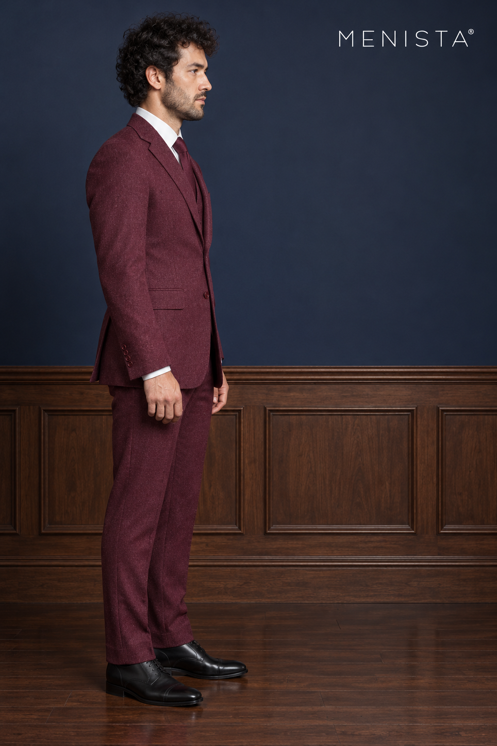 Bramwell Burgundy Flannel 100% Wool 3PC Suit: side and three-quarter view.