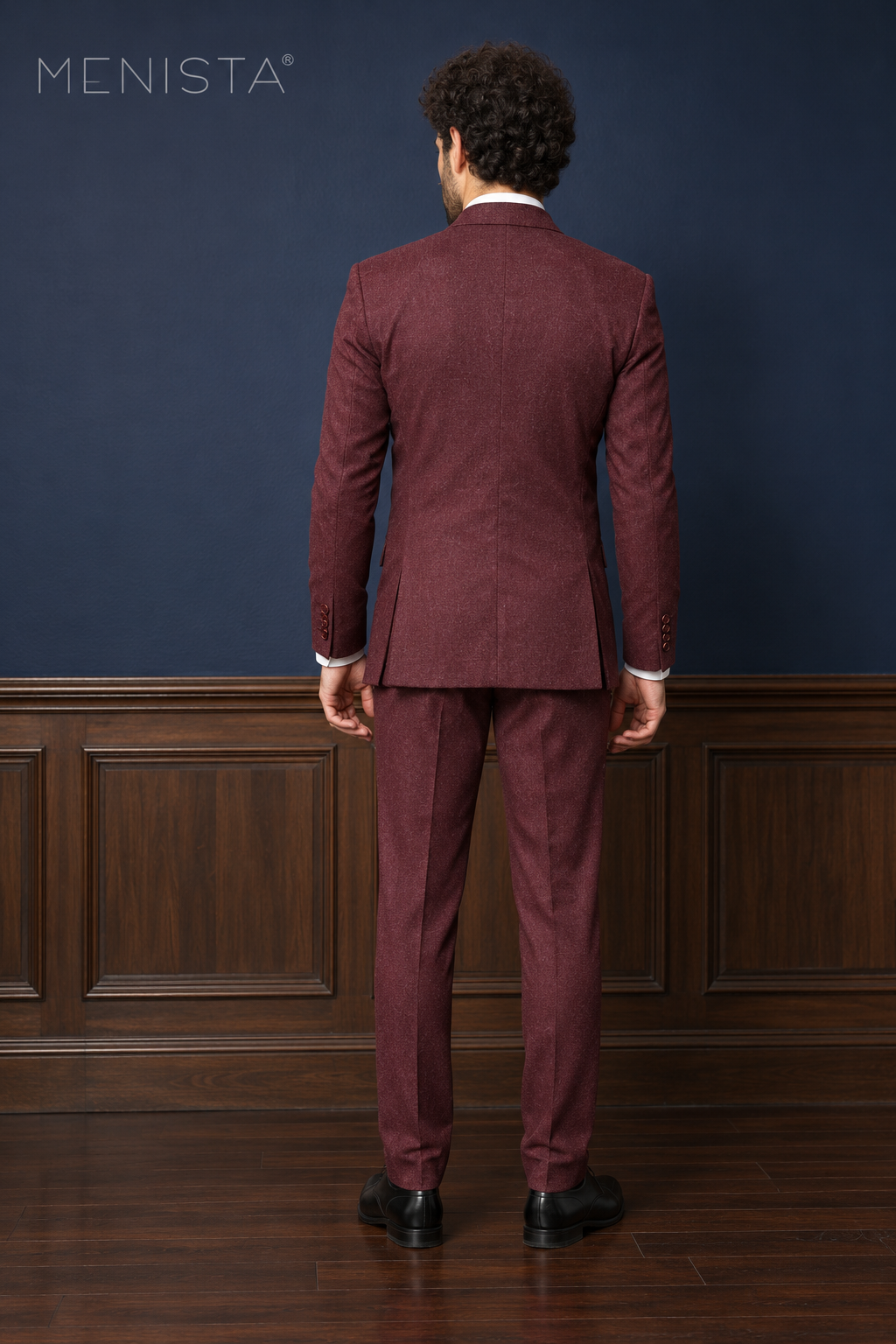 Bramwell Burgundy Flannel 100% Wool 3PC Suit: full-body back view with double rear vents.