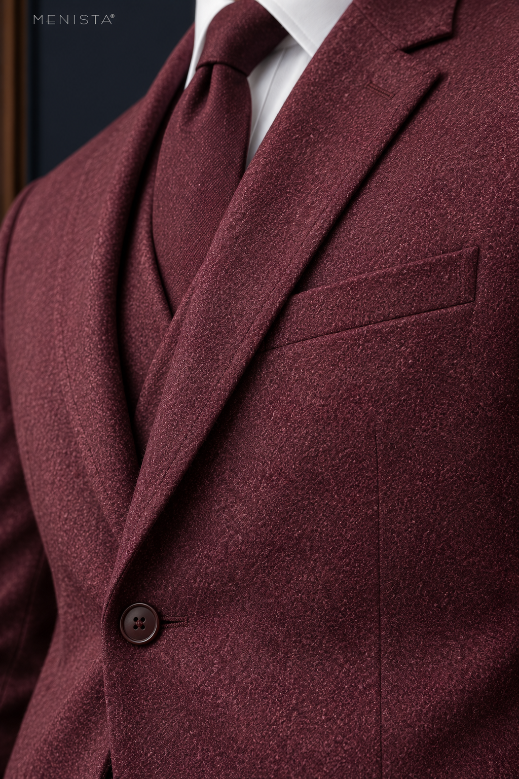 Bramwell Burgundy Flannel 100% Wool 3PC Suit: tight garment close-up without the face.