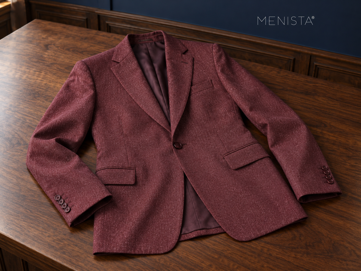 Bramwell Burgundy Flannel 100% Wool 3PC Suit: jacket-only still life fully supported on a broad flat table.