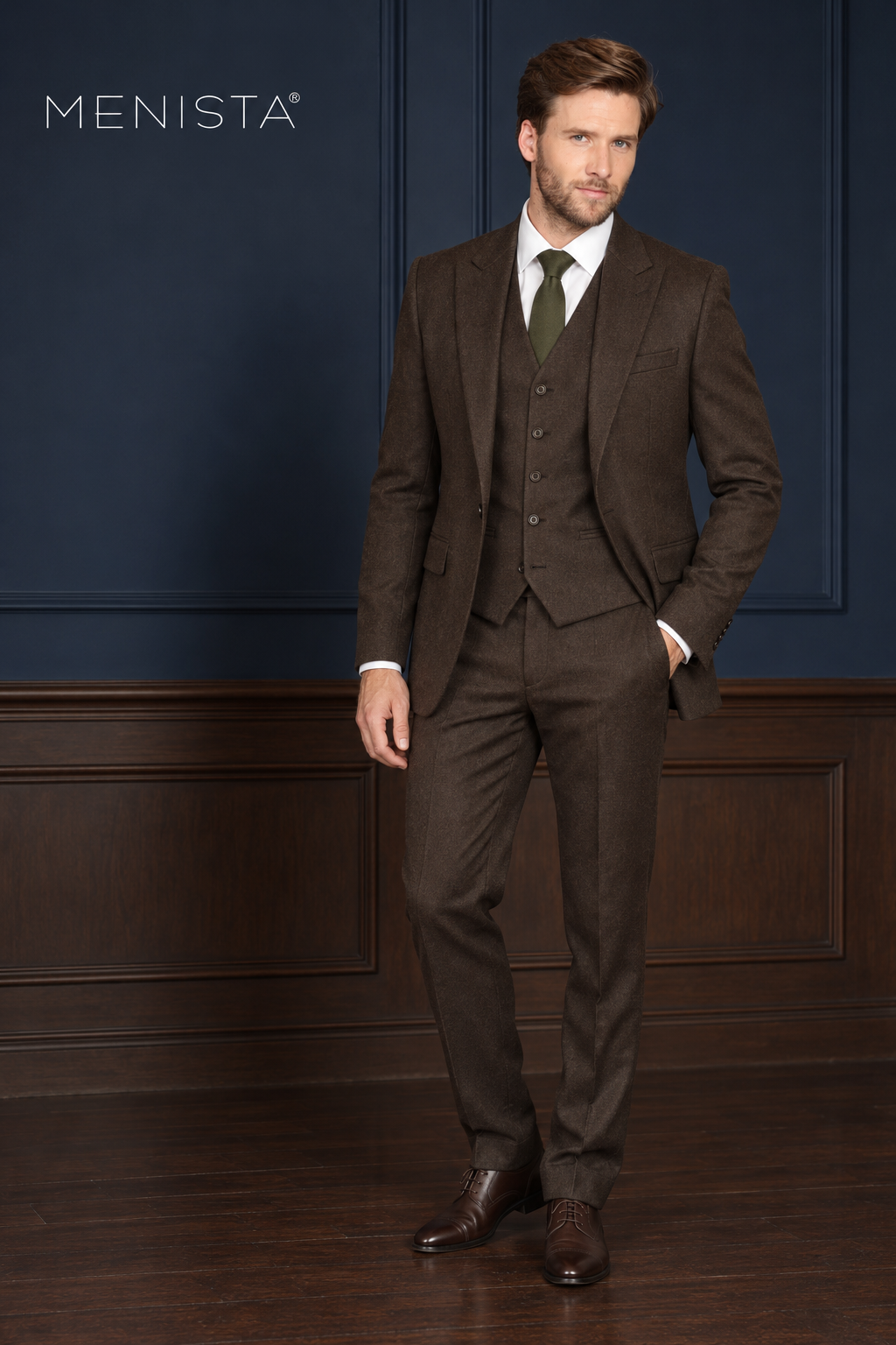 Fenwick Walnut Brown 100% Merino Wool Flannel 3PC Suit: full-body front view.