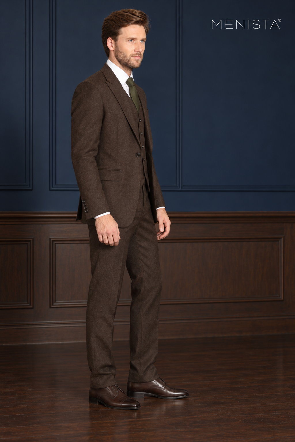 Fenwick Walnut Brown 100% Merino Wool Flannel 3PC Suit: side and three-quarter view.