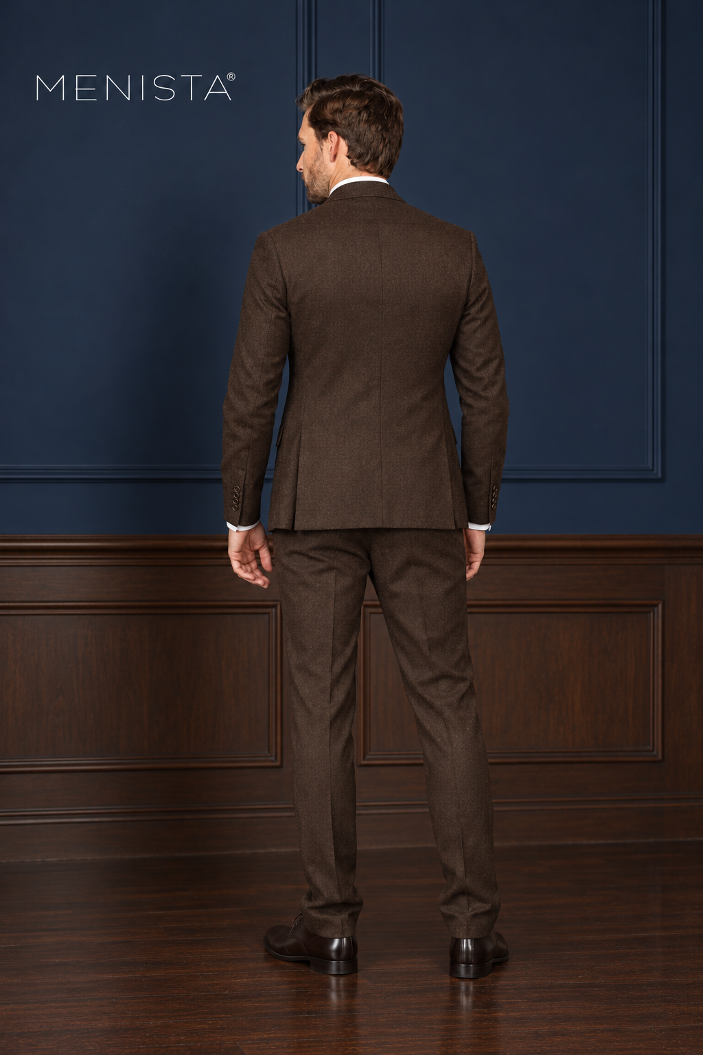 Fenwick Walnut Brown 100% Merino Wool Flannel 3PC Suit: full-body back view with double rear vents.