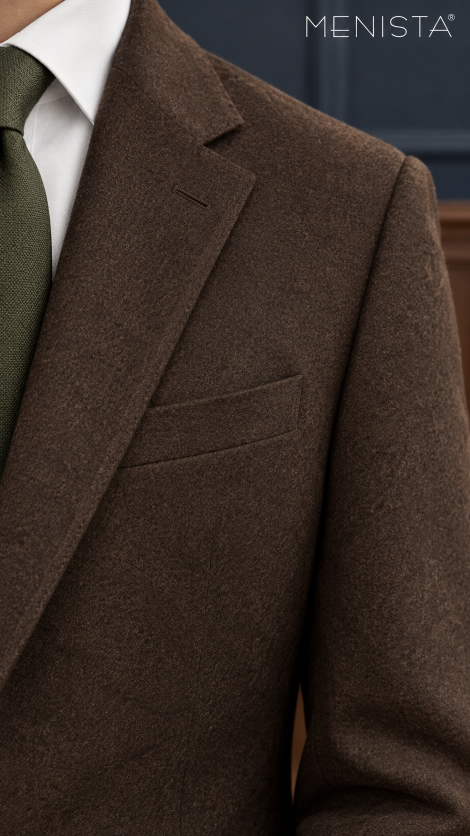 Fenwick Walnut Brown 100% Merino Wool Flannel 3PC Suit: tight garment close-up without the face.