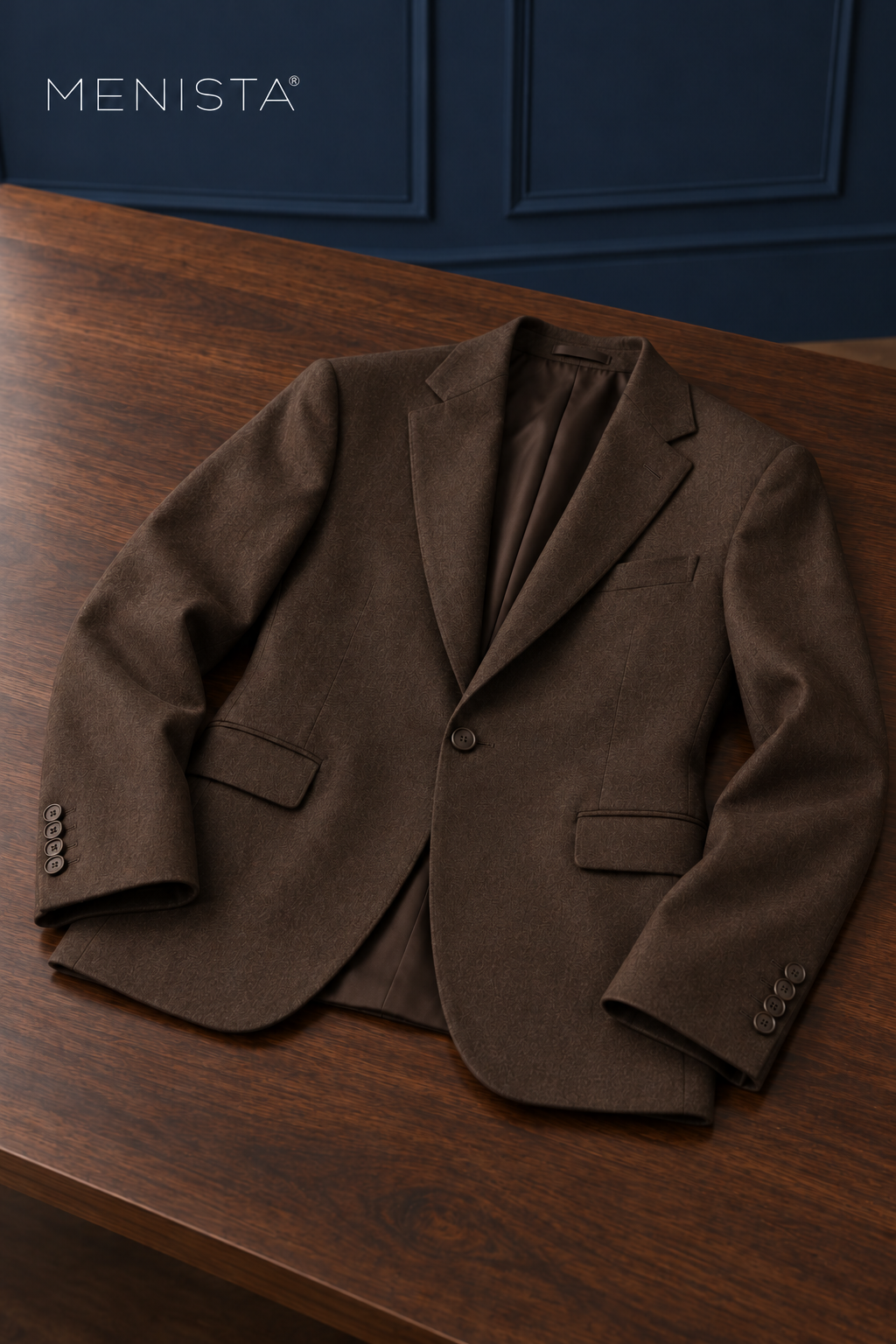 Fenwick Walnut Brown 100% Merino Wool Flannel 3PC Suit: jacket-only still life fully supported on a broad flat table.