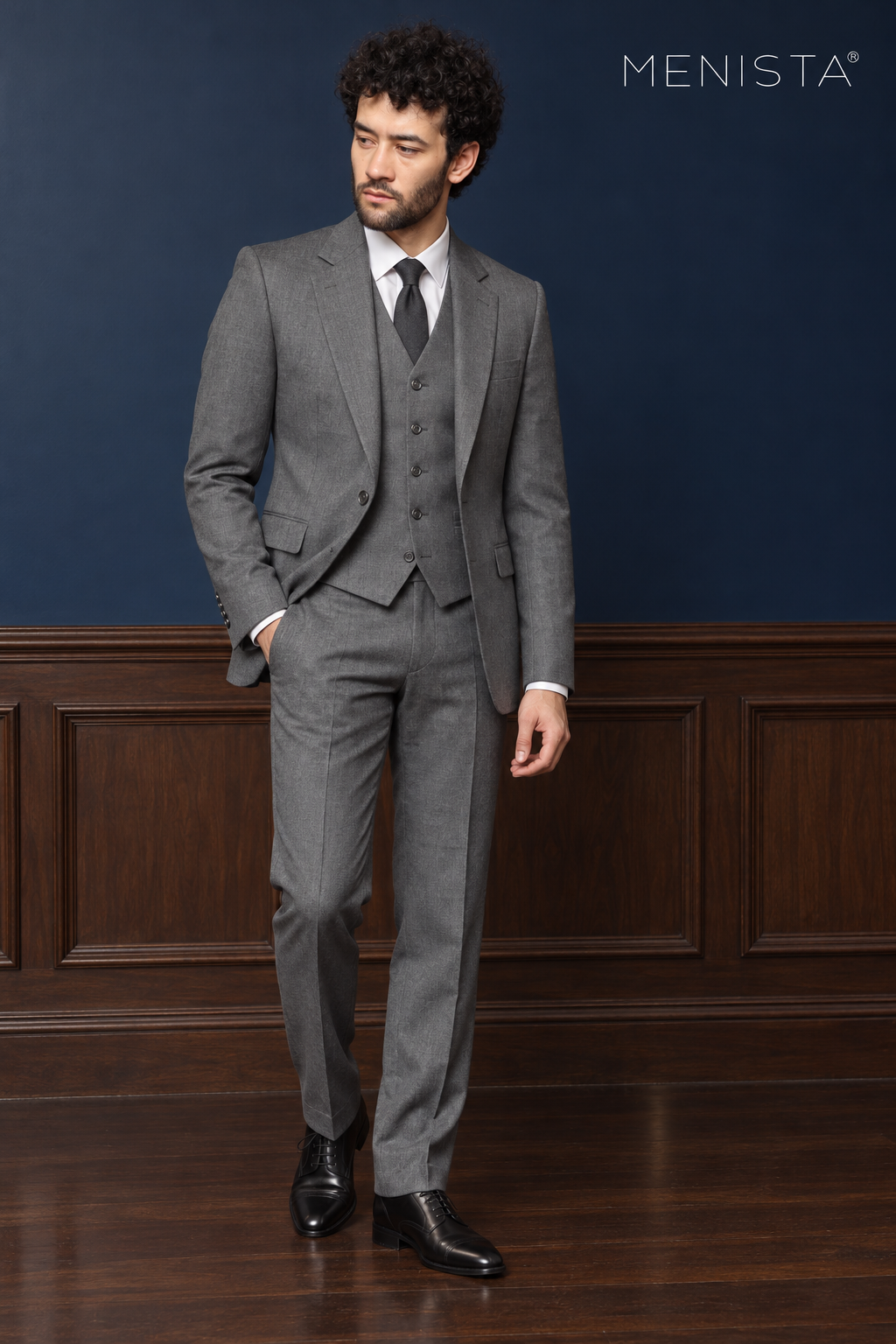 Mercer Steel Grey Pure Wool Worsted 3PC Suit: full-body front view.