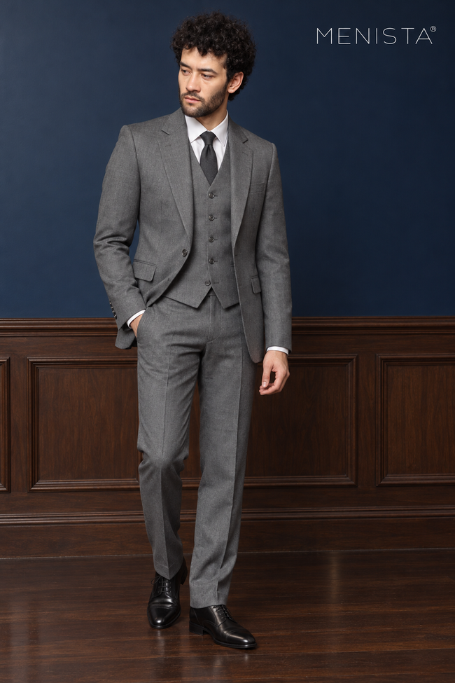Mercer Steel Grey Pure Wool Worsted 3PC Suit: full-body front view.