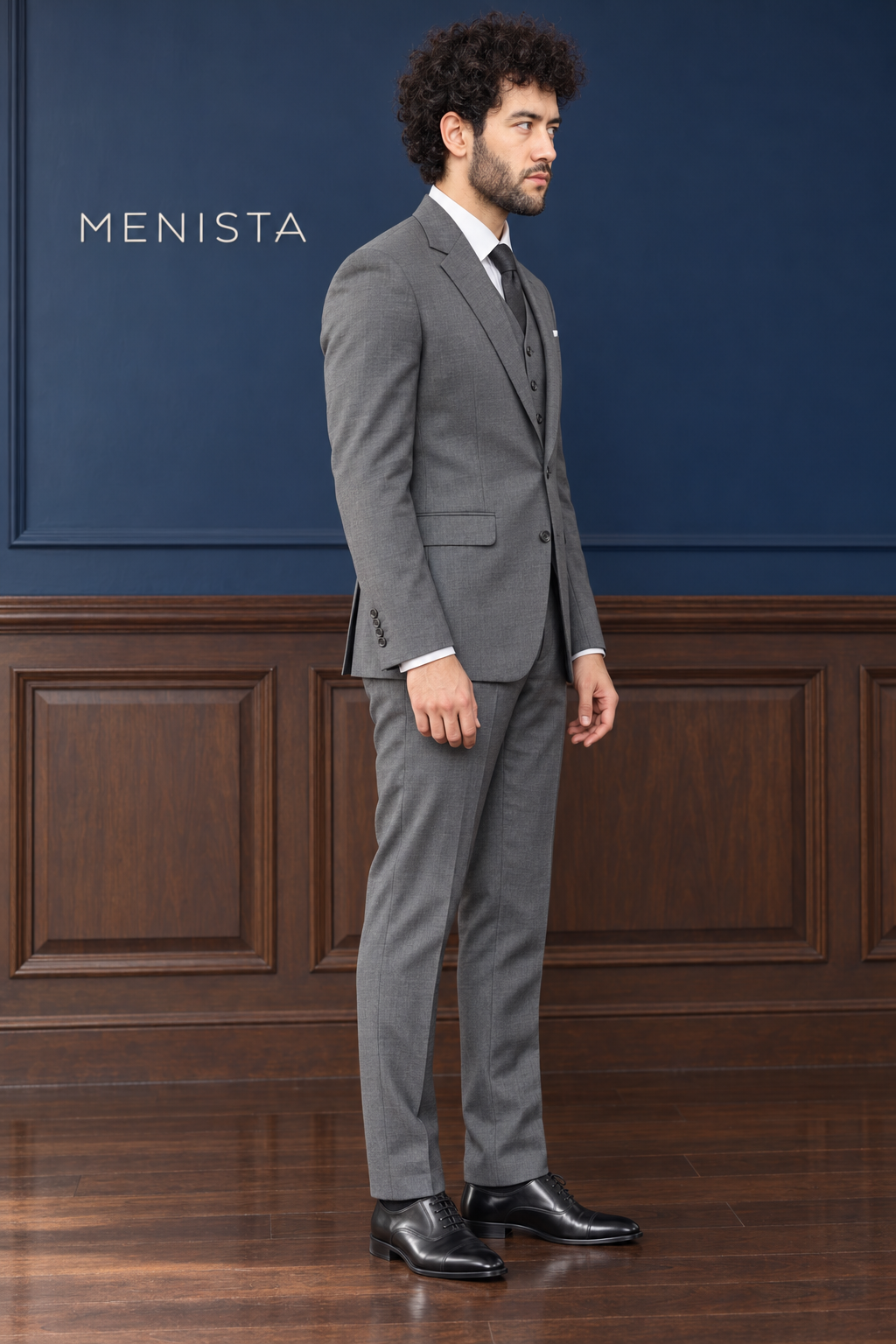 Mercer Steel Grey Pure Wool Worsted 3PC Suit: side and three-quarter view.