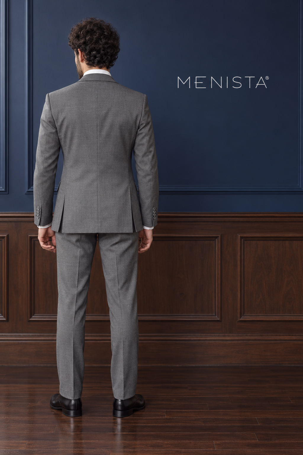 Mercer Steel Grey Pure Wool Worsted 3PC Suit: full-body back view with double rear vents.