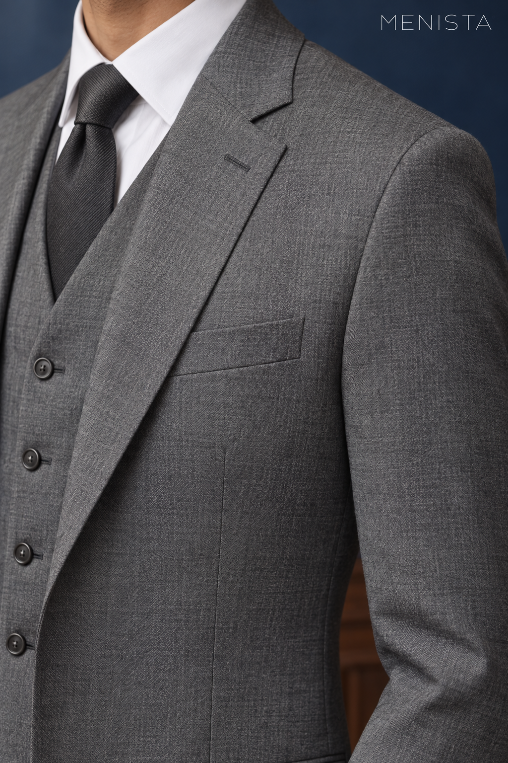 Mercer Steel Grey Pure Wool Worsted 3PC Suit: tight garment close-up without the face.