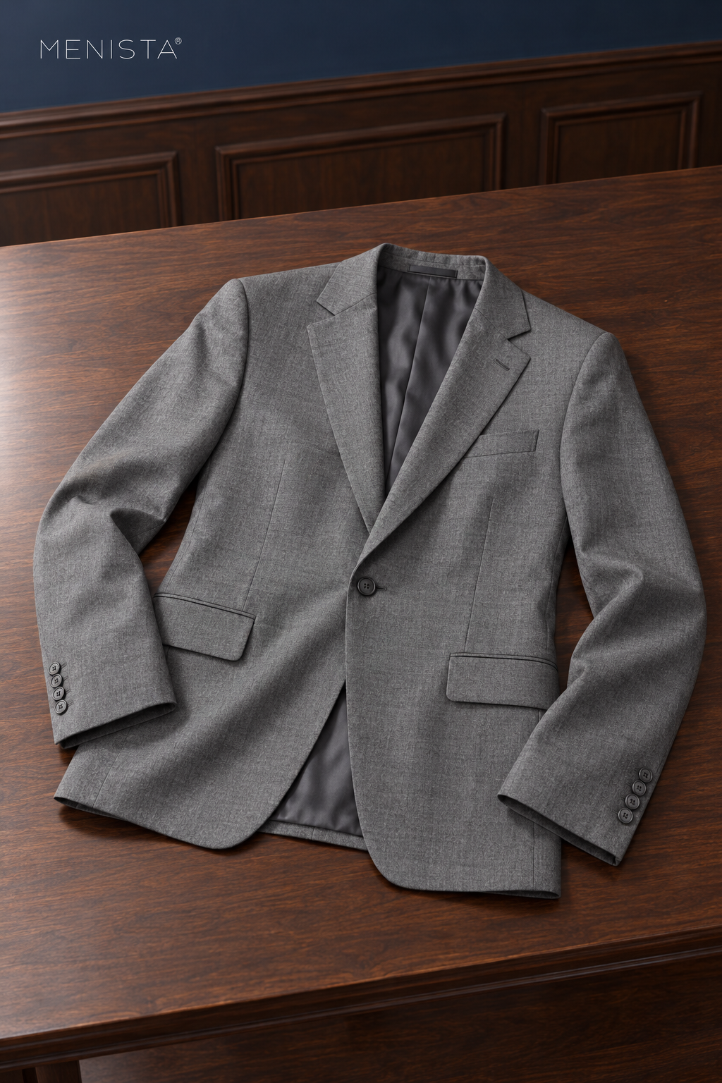 Mercer Steel Grey Pure Wool Worsted 3PC Suit: jacket-only still life fully supported on a broad flat table.