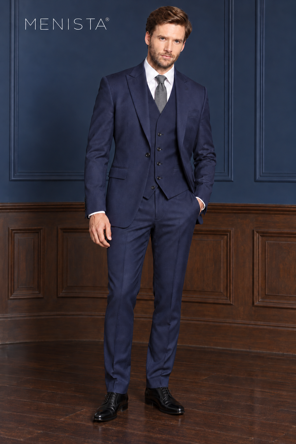 Lennox Deep Navy 100% Wool Stretch 3PC Suit: full-body front view.