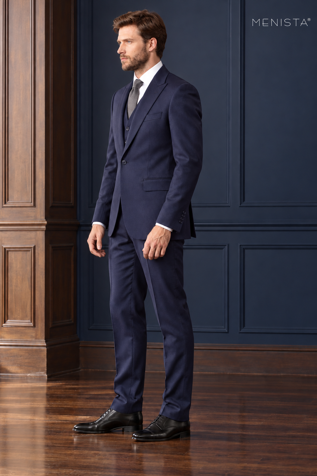 Lennox Deep Navy 100% Wool Stretch 3PC Suit: side and three-quarter view.