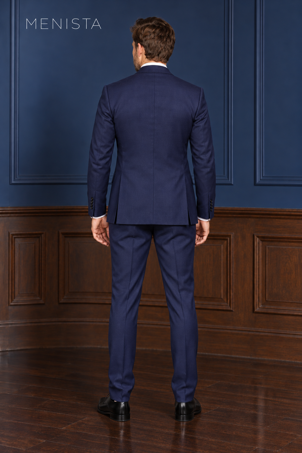 Lennox Deep Navy 100% Wool Stretch 3PC Suit: full-body back view with double rear vents.
