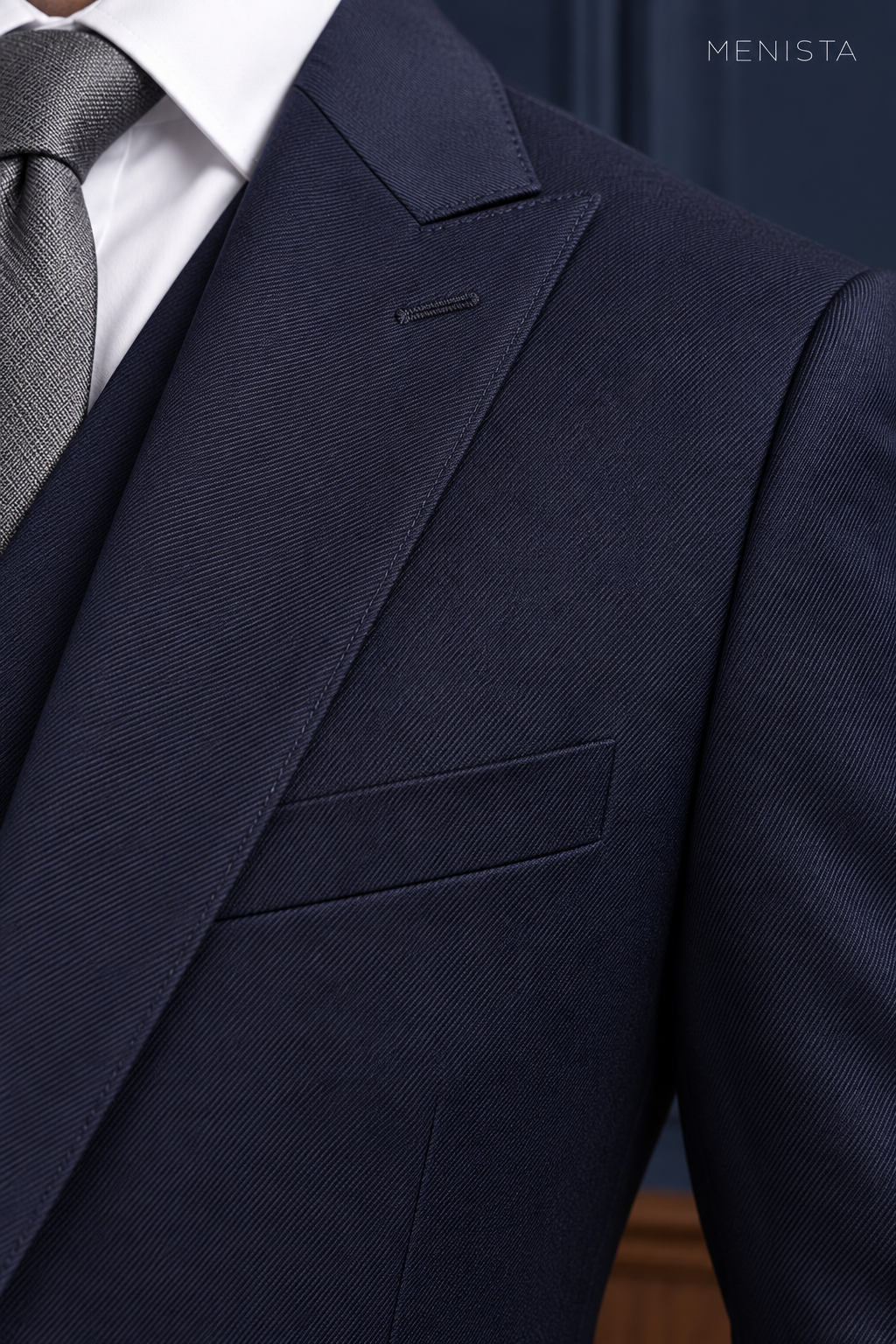 Lennox Deep Navy 100% Wool Stretch 3PC Suit: tight garment close-up without the face.