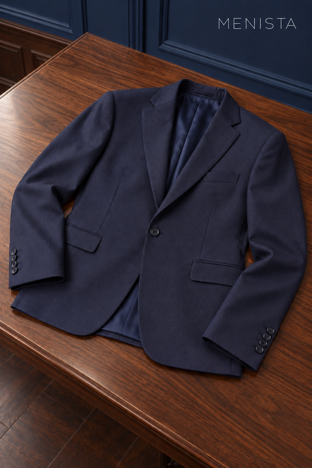 Lennox Deep Navy 100% Wool Stretch 3PC Suit: jacket-only still life fully supported on a broad flat table.