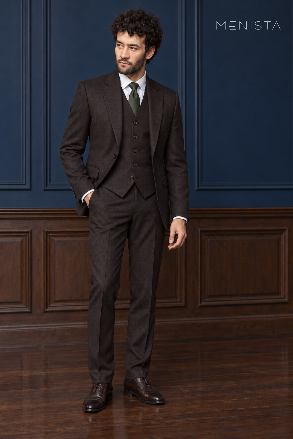Radcliffe Espresso Brown Stripe Pure Wool 3PC Suit: full-body front view.