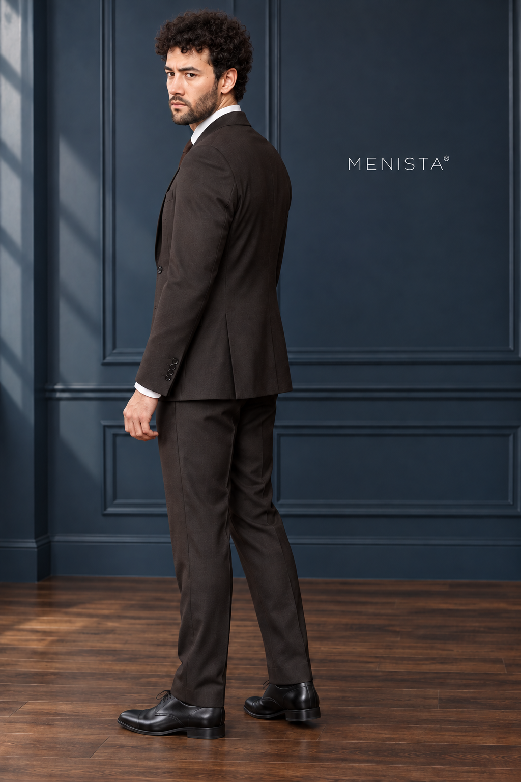 Radcliffe Espresso Brown Stripe Pure Wool 3PC Suit: side and three-quarter view.