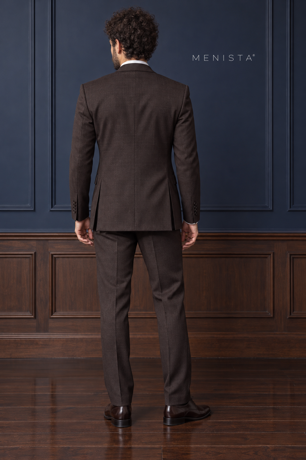 Radcliffe Espresso Brown Stripe Pure Wool 3PC Suit: full-body back view with double rear vents.
