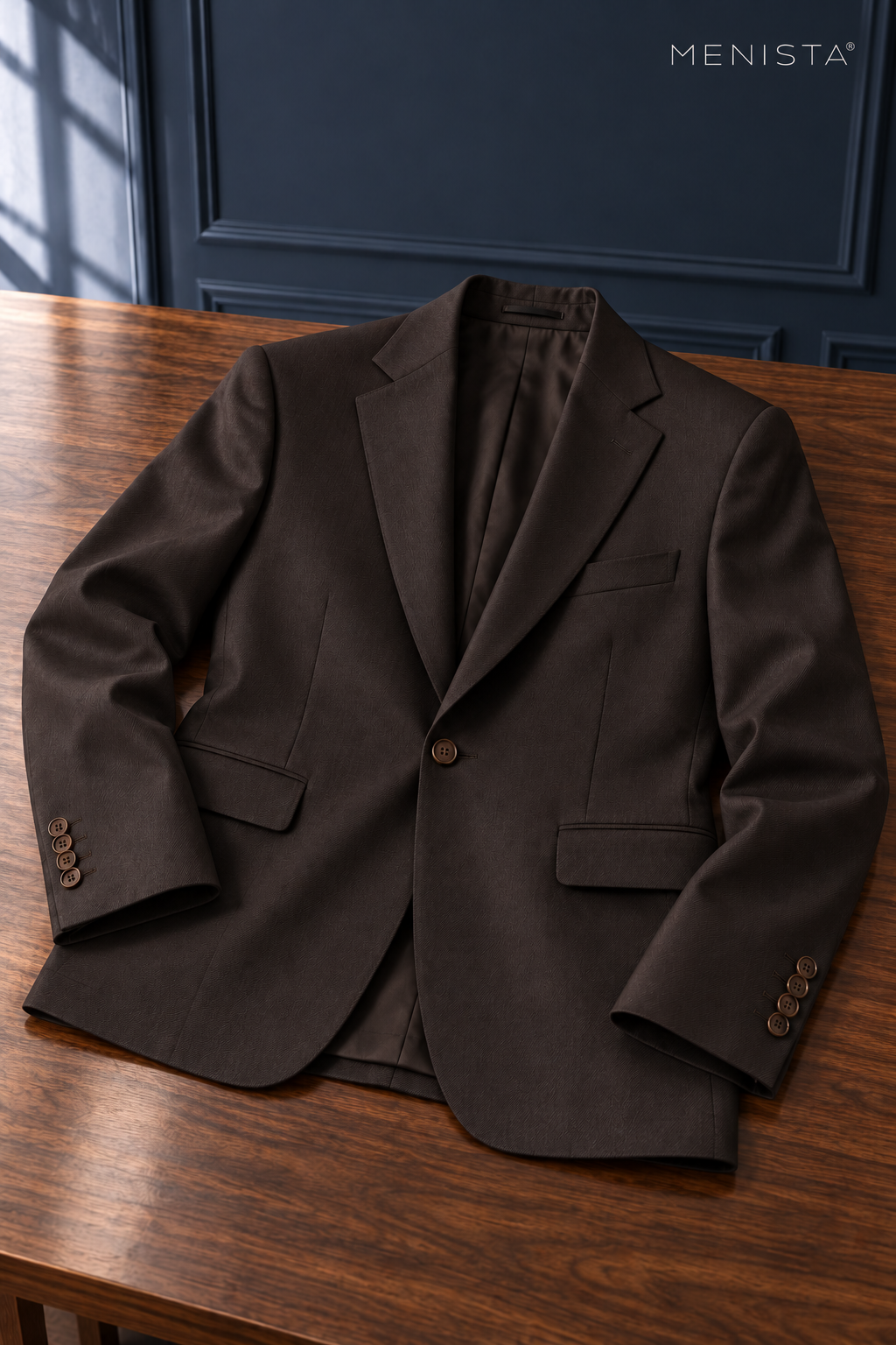 Radcliffe Espresso Brown Stripe Pure Wool 3PC Suit: jacket-only still life fully supported on a broad flat table.