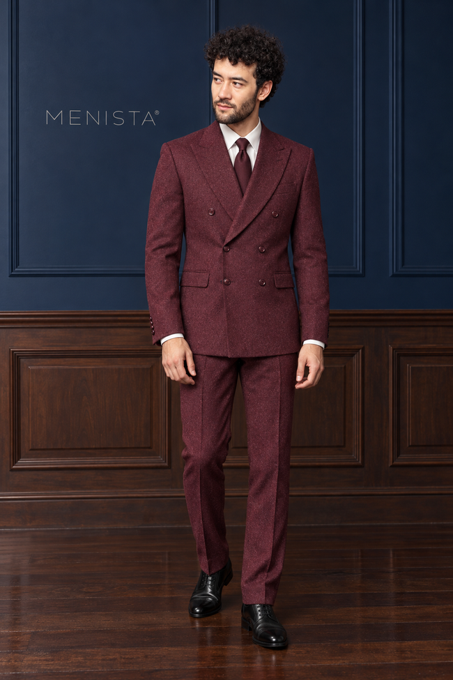 Bramwell Burgundy Flannel 100% Wool Double-Breasted 2PC Suit: full-body front view.